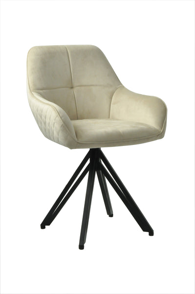 Terra Rotatable Beige Velvet Dining Chair with Diamond Quilting and Black Coated Legs