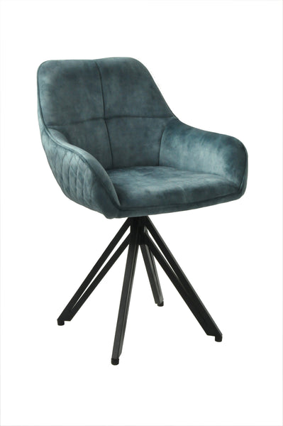 Terra Rotatable Petrol Blue Velvet Dining Chair with Diamond Quilting and Black Coated Legs