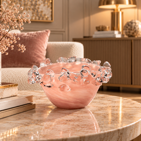 Pink Crystal-Effect Handmade Glass Bowl – 29cm