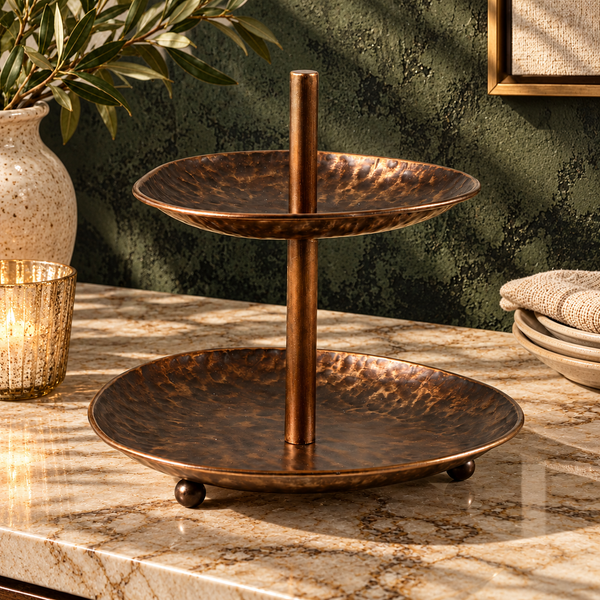 Antique Brass Hammered Two-Tier Serving Stand - 26cm