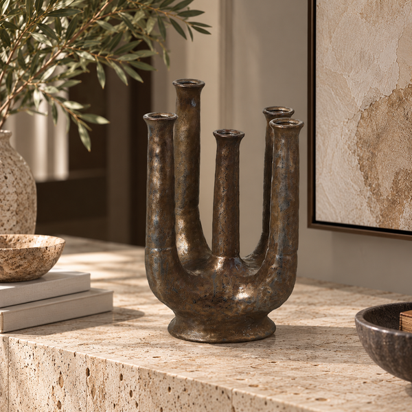 Antique Bronze Multi-Neck Ceramic Vase - 35cm