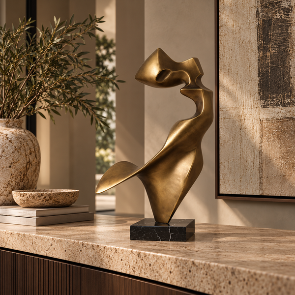 Antique Gold Abstract Resin Sculpture with Marble Base - 74cm