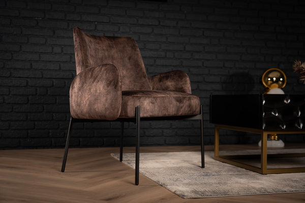 Milo Lounge Chair in Purple Grey Brown Velvet with Black Powder Coating Legs