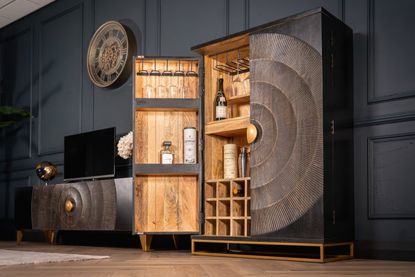 Sunset Handcrafted bar cabinet black gold solid mango wood metal frame 140 cm