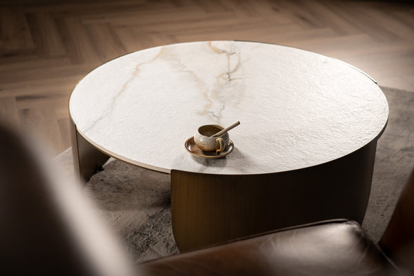 Petroio Italian Sintered Stone Round Coffee Table in White Concrete Gold Marble Look 90 cm