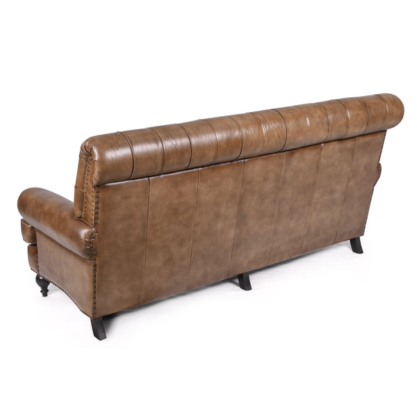 Sienna Lounge Tufted Leather 3-Seater Sofa in Vintage Brown with Wooden Legs 194 cm