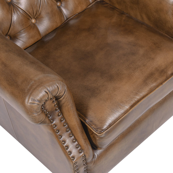Wellington Chesterfield Genuine Leather Armchair in Antique Brown with Wooden Legs