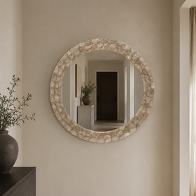 Round Capiz Shell Wall Mirror - Antique Gold Statement Mirror 75cm