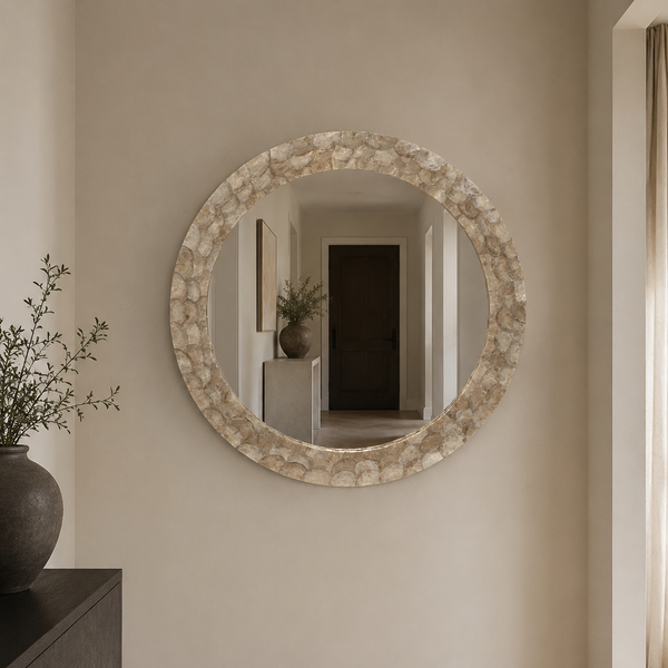 Round Capiz Shell Wall Mirror - Antique Gold Statement Mirror 75cm