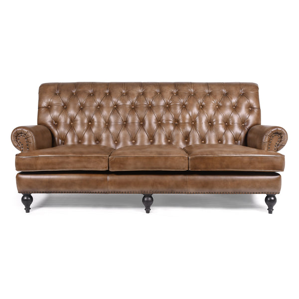 Sienna Lounge Tufted Leather 3-Seater Sofa in Vintage Brown with Wooden Legs 194 cm