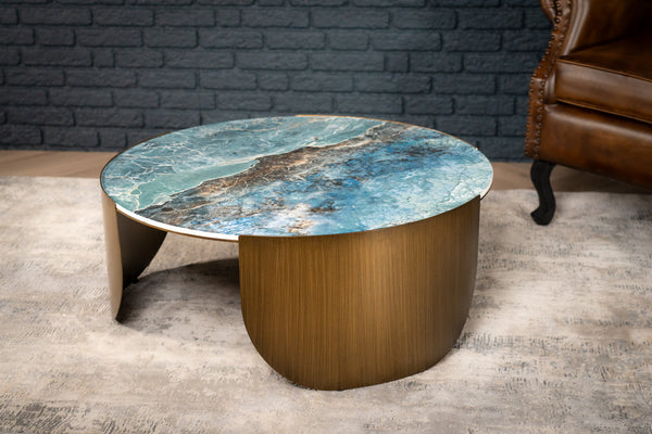 Petroio Italian Sintered Stone Round Coffee Table in Crystal Blue Marble Look90 cm