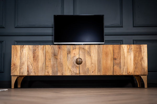 Sunset Handcrafted TV unit lowboard natural brown gold solid mango wood metal feet 180 cm