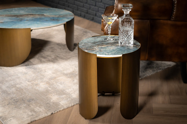 Petroio Italian Sintered Stone Round Side Table in Crystal Blue Marble Look 40 cm