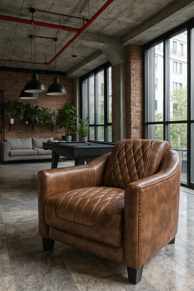 Chicago Club Genuine Leather Armchair in Vintage Brown with Wooden Legs