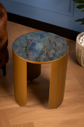 Petroio Italian Sintered Stone Round Side Table in Crystal Blue Marble Look 40 cm
