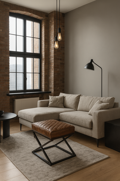 Oslo X Genuine Leather Footstool in Antique Brown with Black Geometric Metal Frame