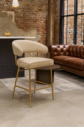 Vienna Genuine Leather Bar Stool in Beige with Golden Legs