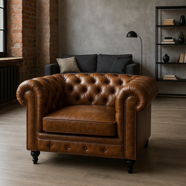 Stratford Chesterfield Genuine Leather Armchair in Antique Brown with Black Wooden Legs