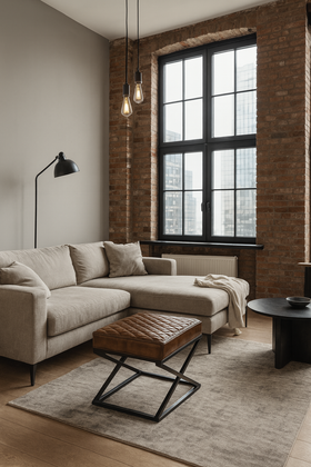 Oslo X Genuine Leather Footstool in Antique Brown with Black Geometric Metal Frame