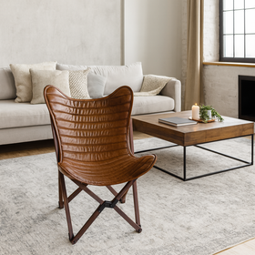 Butterfly Retro Style Genuine Leather Lounge Chair in Antique Brown with Wooden Foldable Frame