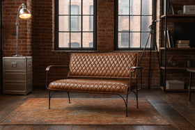 SoHo Genuine Leather Bench in Vintage Brown with Black Metal Legs 128 cm