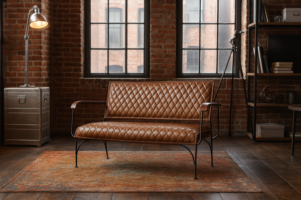 SoHo Genuine Leather Bench in Vintage Brown with Black Metal Legs 128 cm