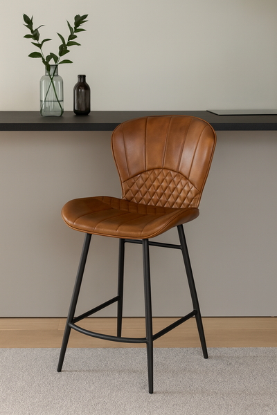Valencia Curve Genuine Leather Bar Stool in Antique Brown and Black Legs