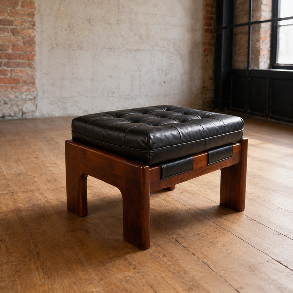 Genuine Leather Footstool with Acacia Wood Frame – Bahamas