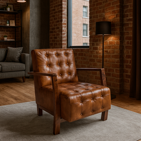 Osaka Modern Genuine Leather Armchair in Light Brown With Wooden Legs
