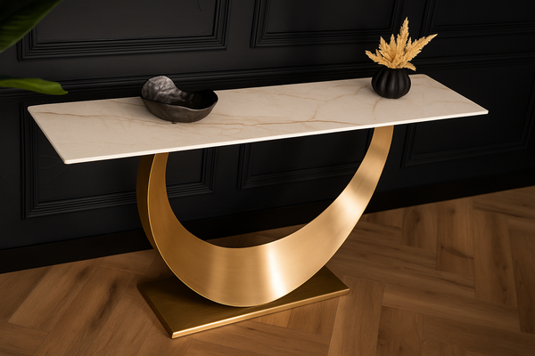 Cetona Italian Sintered Stone Console Table in White Concrete Gold Marble Look 160 cm