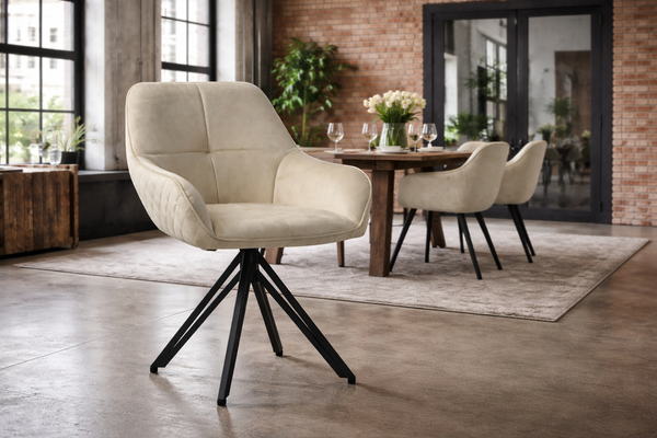Terra Rotatable Beige Velvet Dining Chair with Diamond Quilting and Black Coated Legs