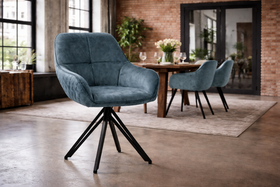 Terra Rotatable Petrol Blue Velvet Dining Chair with Diamond Quilting and Black Coated Legs