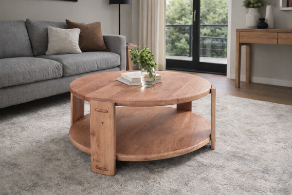 Manhattan Solid Acacia Wood Rounded Coffee Table in Natural Brown 92cm