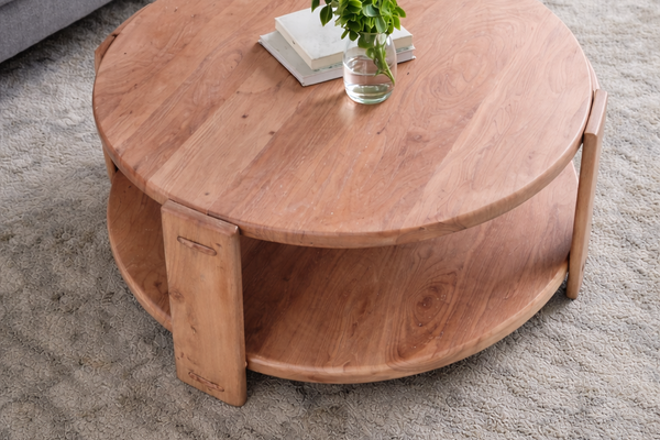 Manhattan Solid Acacia Wood Rounded Coffee Table in Natural Brown 92cm