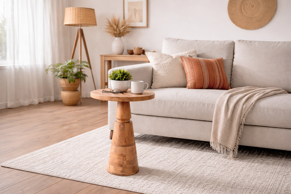 Aria Mosaic Solid Acacia Wood Side Table in Natural Brown 40cm