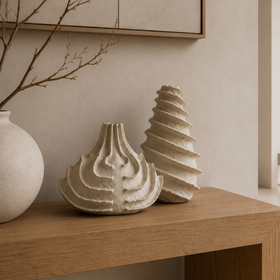 Modern White Decorative Ornaments Set of 2 - White Textured Tabletop Décor 25 x 23cm and 17 x 30cm