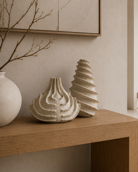 Modern White Decorative Ornaments Set of 2 - White Textured MDF Tabletop Décor 25 x 23cm and 17 x 30cm