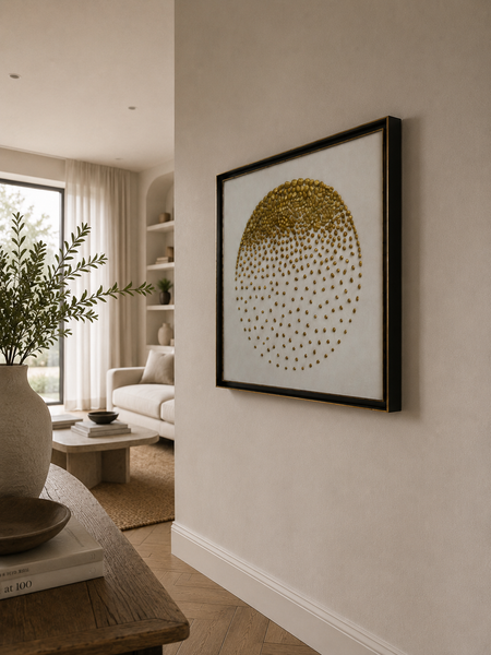 Framed Stone Wall Art - Natural Textured Gold & White Statement Piece 60 x 60cm