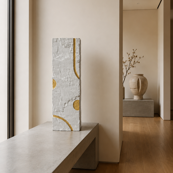 Modern Decorative Large Display Plinth - White Textured Sculptural Stand with Gold Details  80cm