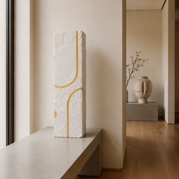Modern Decorative Large Display Plinth - White Textured Sculptural Stand with Gold Details  80cm
