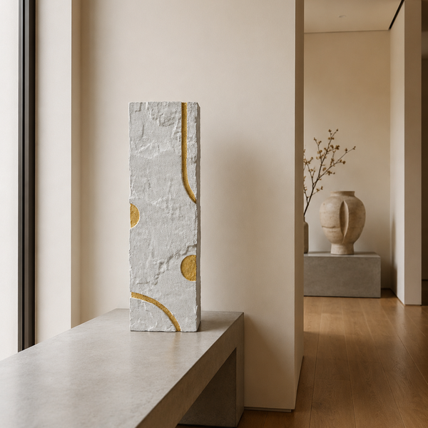 Modern Decorative Large Display Plinth - White Textured Sculptural Stand with Gold Details  80cm