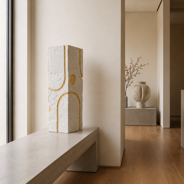 Modern Decorative Large Display Plinth - White Textured Sculptural Stand with Gold Details  80cm