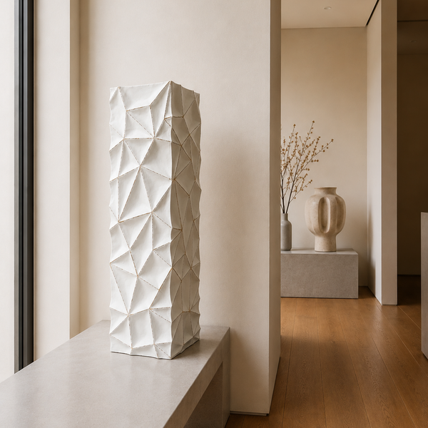 Modern Decorative Display Plinth - White Textured Geometric Sculptural Stand 80cm