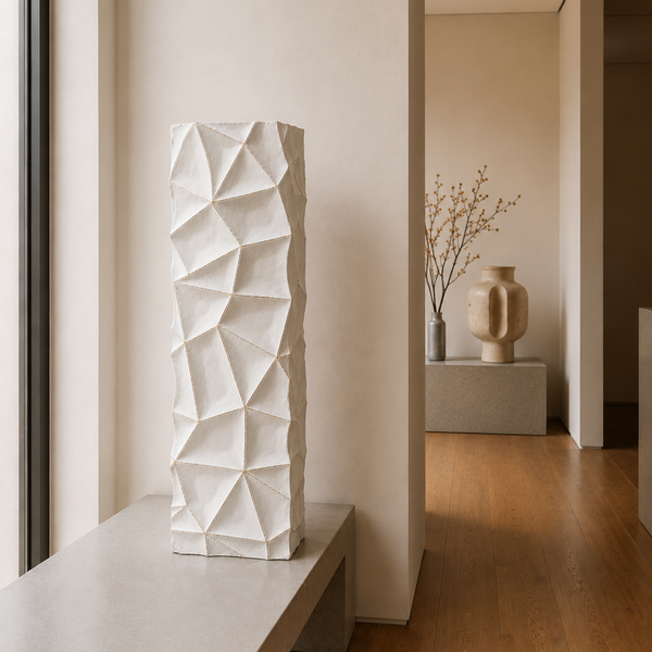 Modern Decorative Display Plinth - White Textured Geometric Sculptural Stand 80cm