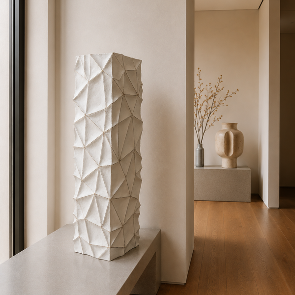 Modern Decorative Display Plinth - White Textured Geometric Sculptural Stand 80cm