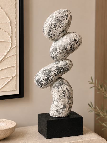 Modern Stacked Stone Tabletop Sculpture – White Textured Decorative Ornament 55 cm