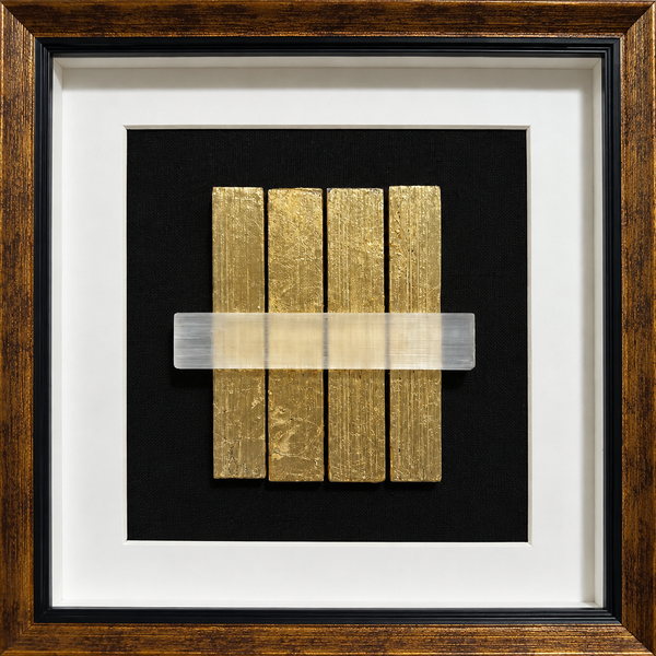 Framed Selenite Wall Art - Natural Mineral Gold Statement Piece 30 x 30cm