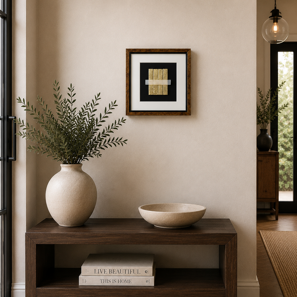 Framed Selenite Wall Art - Natural Mineral Gold Statement Piece 30 x 30cm