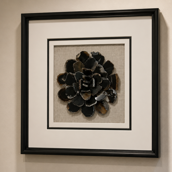 Framed Black Agate Wall Art - Elegant Natural Gemstone Statement Piece 40 x 40cm