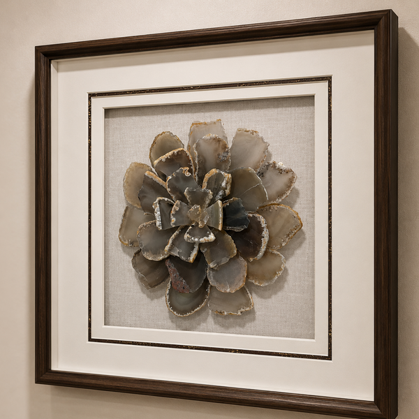 Framed Beige Grey Agate Wall Art - Elegant Natural Gemstone Statement Piece 40 x 40cm